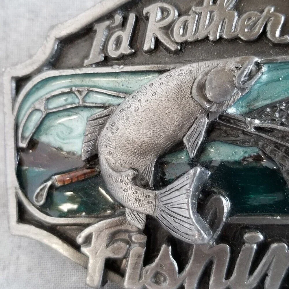 Vintage I'd Rather Be‎ Fishing Belt Buckle Rio Grande Buckle Co. 1989 Pewter